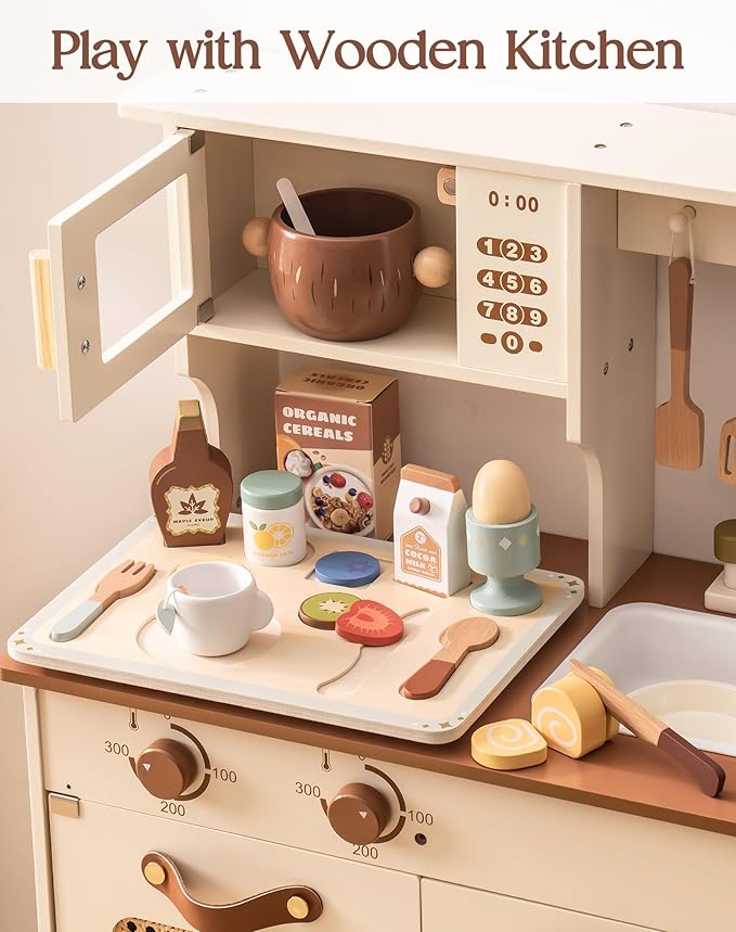 ROBOTIME Play Food Sets for Kids Kitchen, Wooden Food Toys Play Kitchen Accessories, 30+ Pieces Breakfast Set, Montessori Pretend Play Kitchen Toys, Gift for Boys & Girls Ages 3-6