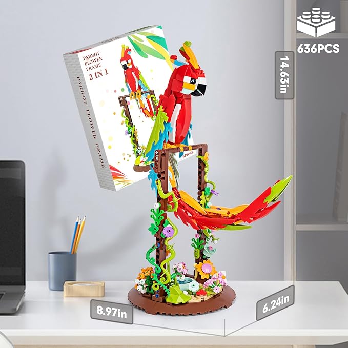 Flowers and Parrot 2 in 1 Building Sets Rotatable 360° Compatible with Lego Sets for Adult, Creative Bird Botanical Collection Set Decor for Home Office, Gifts for Boys Girls Age 8+ Kids 636PCS RED