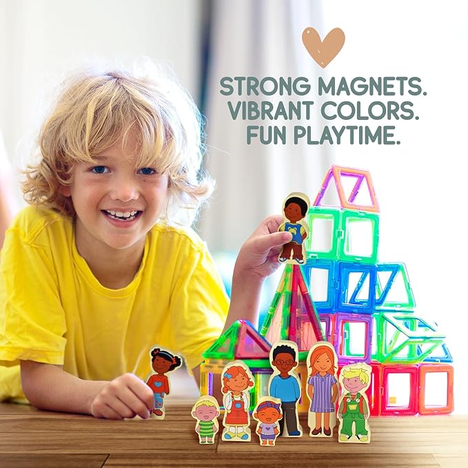 VEBO 22pc Wooden Magnetic Figures Set of 8 (16 Double Sided Characters) Mix & Match Family Set - Compatible with All Magnetic Tiles Sets - Educational STEM Building Toy Pretend Playset for Ages 3+