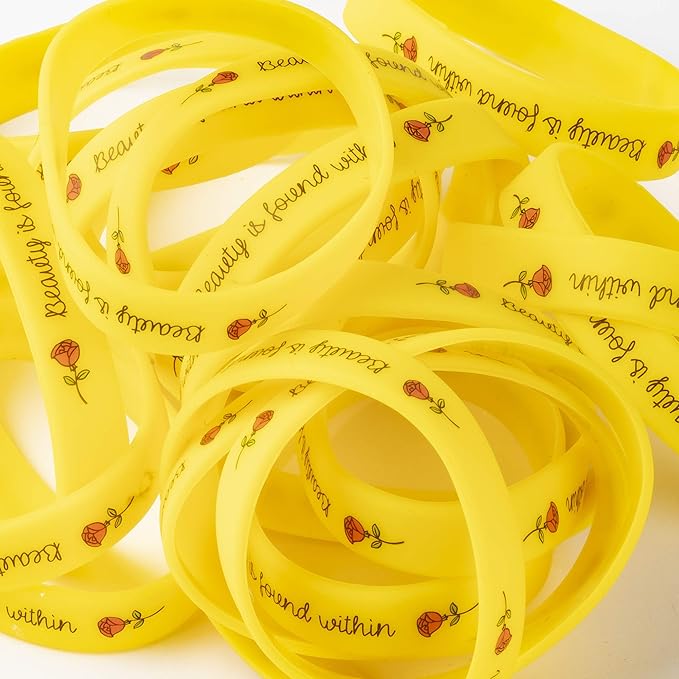 Rose Beauty Wristband Party Favors, 24 Pack Silicone Bands Beauty and the Beast Theme Bracelets for Girl Power Teens Tween Birthday Supplies Celebration Positive Message - Silicone Bracelets for Girls