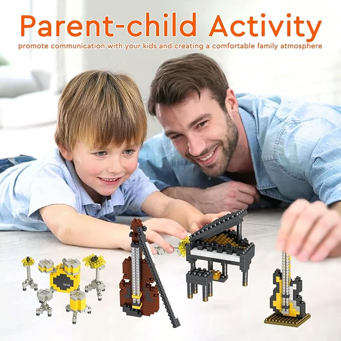 Mini Music Building Blocks Musical Instruments Sets Toys 4 Packs for Party Favors for Kids, Micro Mini Blocks Bricks Kit Electric Bass,Drum Kit,Violin,Grand Piano Goodie Bags,Prizes,Birthday Gifts