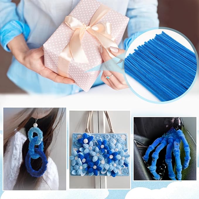 TOAOB 100pcs Pipe Cleaners Lake Blue Chenille Stems Craft Supplies 6mm x 12 Inch Fuzzy Sticks with 100pcs Googly Eyes for Art DIY Crafts Decorations