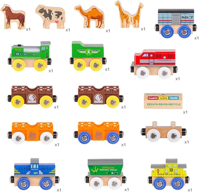 Orbrium Toys 12 (18 Pcs) Wooden Engines & Train Cars Collection with Animals, Farm Safari Zoo Wooden Animal Train Cars, Circus Wooden Train Compatible with Thomas, Brio, Chuggington