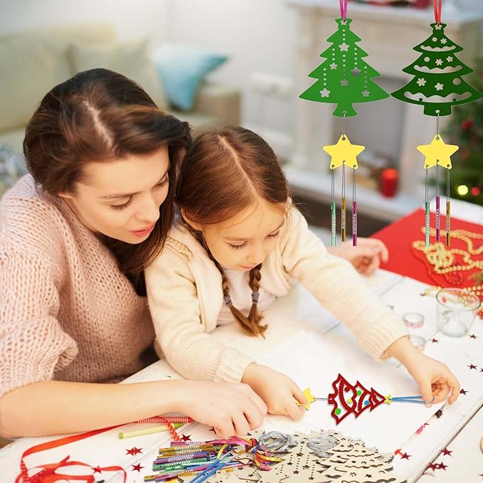 12 Pack Wind Chime Kit for Kids,Christmas Craft Kits DIY Christmas Tree Wind Chime Unfinished Wooden Xmas Tree Ornaments for Boys Girls Activity Art Project Decor