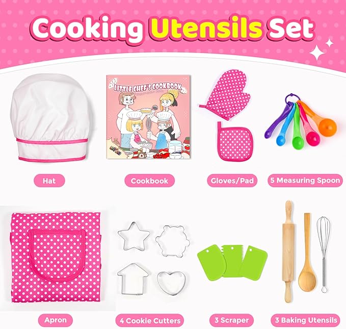 Toyze Gifts for 3-8 Year Old Girls, Kids Apron for Girls Kids Cooking Set, Toddler Apron for Kids Chef Hat and Apron, Toys for 3-12 Year Old Girls 20Pcs Pink- with Cookbook