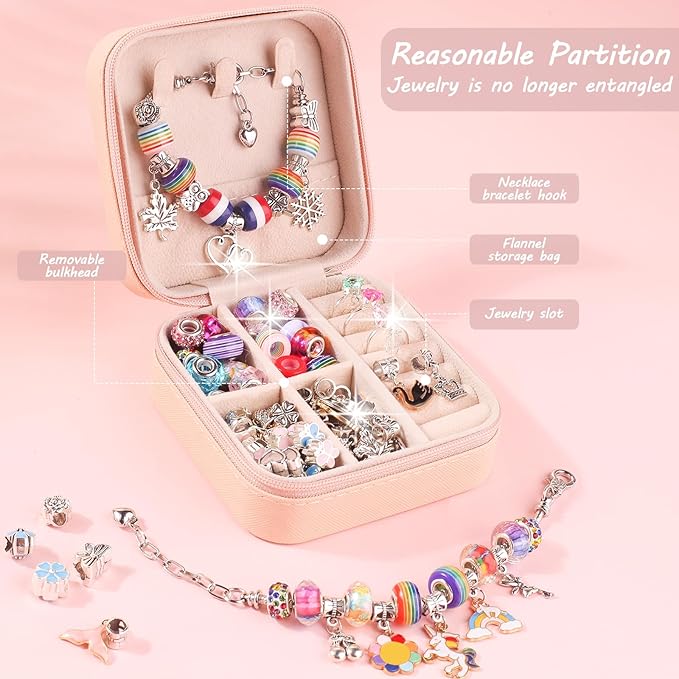 UFU Charm Bracelet Making Kit - Girls 95 Pcs DIY Beaded Jewelry Making Kit, Unicorn & Mermaid Gifts for Girls Crafts for Girls Ages 5 6 7 8-12, with a Portable Bracelet Organizer Box