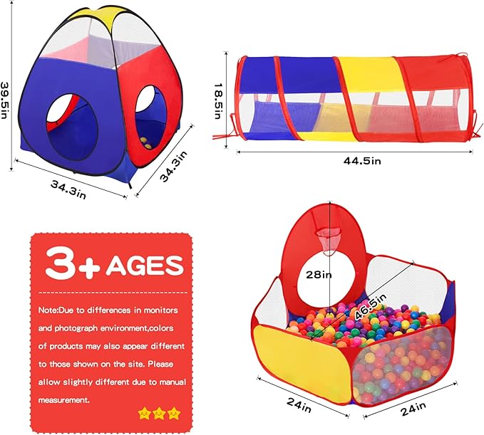 GeerWest 3 in 1 Kids Play Tent for Toddler with Baby Ball Pit and Play Tunnel, Children Indoor Outdoor Playhouse with Climbing Tunnel Toy for Toddlers, Boys and Girls Best Birthday Gifts(No Balls)