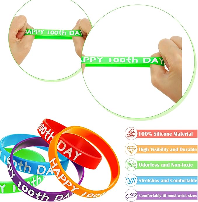 WILLBOND Happy 100th Day of School Silicone Bracelets Colorful Rubber Wristbands Gift for Kindergarten Teacher Student Rewards Classroom Party Supplies Decoration(65)