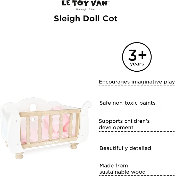 Le Toy Van - Educational Wooden Toy Role Play Beautiful Sleigh Doll Cot & Crib | Girls Pretend Play Toy Pram Playset - for Ages 3+