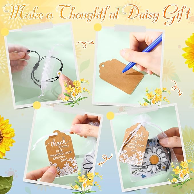 Tuanse 130 Pcs Daisy Party Favors Including Daisy Keychains Adjustable Daisy Bracelets PVC Daisy Stickers Thank You Kraft Tags Organza Bags for Birthday Spring Party Wedding School Reward