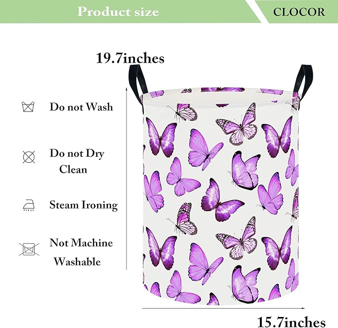 CLOCOR Large Laundry Basket,Waterproof Nursery Hamper,Collapsible Fabric Storage Container,Room Decor,Gift Basket(Deep Purple Butterfly