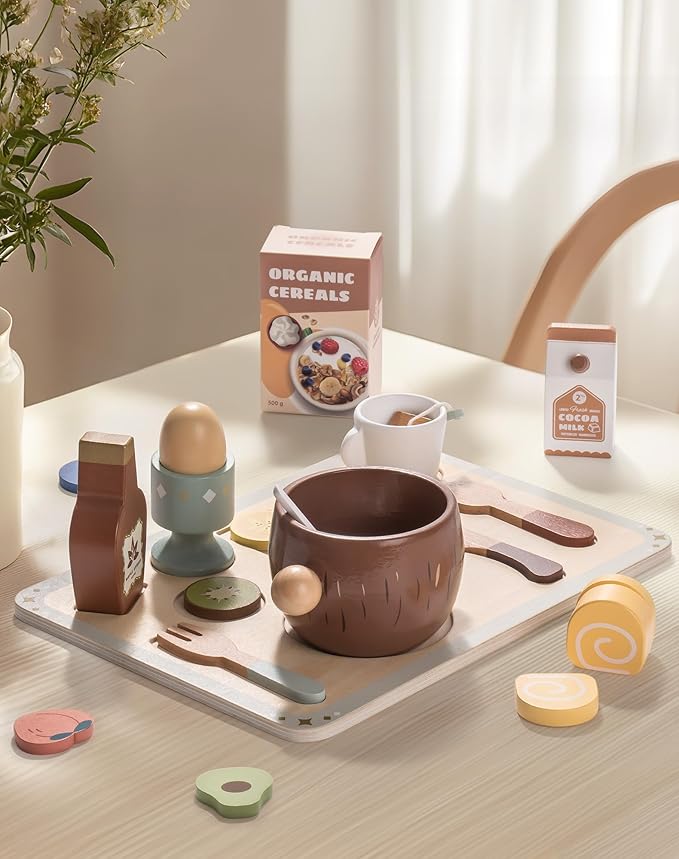 ROBOTIME Play Food Sets for Kids Kitchen, Wooden Food Toys Play Kitchen Accessories, 30+ Pieces Breakfast Set, Montessori Pretend Play Kitchen Toys, Gift for Boys & Girls Ages 3-6