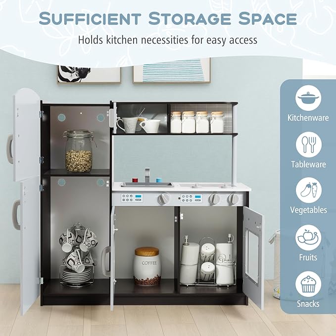 Costzon Kids Kitchen Playset, Wooden Pretend Play Toy Set with Realistic Sound, Microwave, Oven, Washing Machine, Refrigerator, Sink, Play Kitchen for Toddlers, Gift for Boys Girls Age 3+