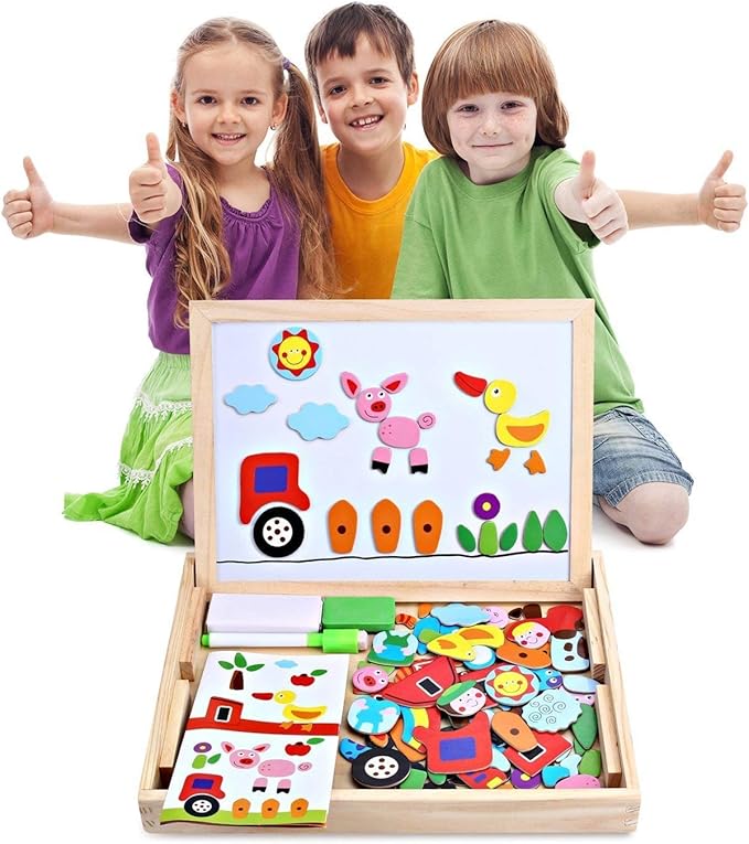 Wooden Toy Magnetic Board Puzzle Games , Double Side Jigsaw &Drawing Sketchpad Writing Dry Erase Board Chalkboard Educational Toys for Kids