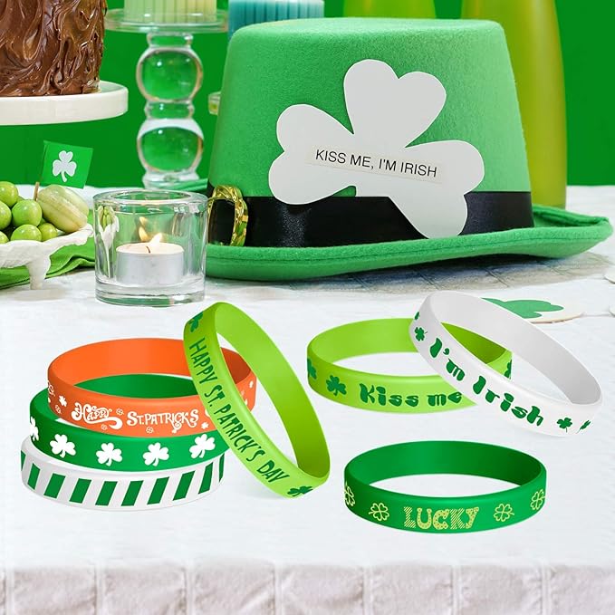 TUPARKA 35 Pieces St Patrick Bracelets Rubber Clover Irish Bracelet Silicone Bracelet for Party Favors School Children Gifts Supplies, Rubber Silicone