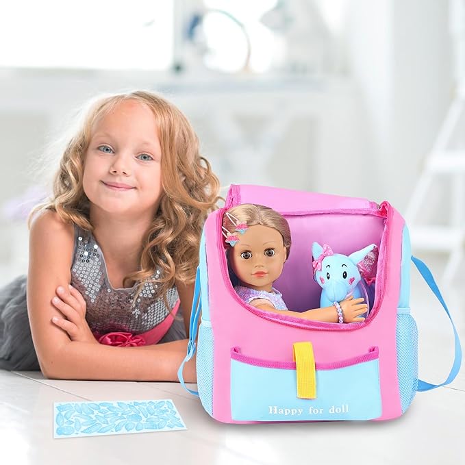 UNICORN ELEMENT 18 Inch Girl Doll Accessories with Doll Carrier Bag + Dress + 2 Hairpins + Blue Sticker + Bracelets + Toy Elephant, Baby Doll Clothes and Accessories for 18 Inch Doll (No Doll)