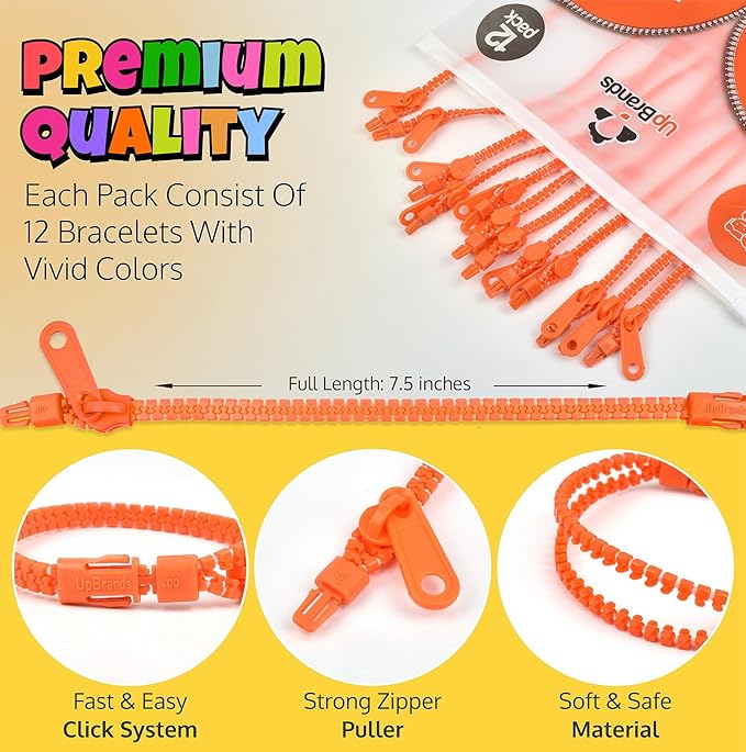 UpBrands 12-Pack Orange 7-Inch Zipper Bracelets – Spooky and Fun Fidget Party Favors for Halloween, Bulk Sensory Toys for Kids, and Festive Accessories for National Color Day