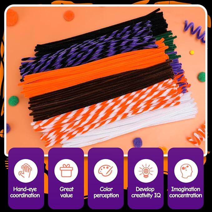 150pcs Halloween Pipe Cleaners, Pipe Cleaners for Crafts, Craft Supplies Multicolor Chenille Stems for Art&Craft Christmas DIY Projects(9colors,Halloween)
