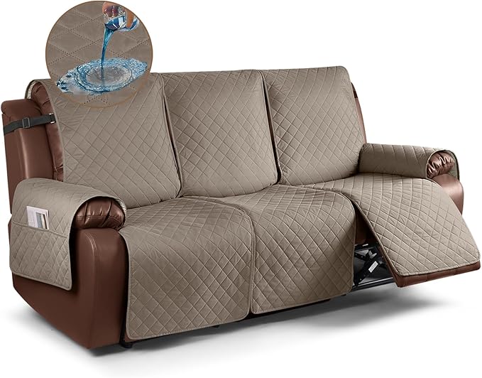 KinCam Waterproof Recliner Sofa Cover, Non-Slip Reclining Couch Covers for 3 Seat, Recliner Couch Cover Furniture Protector with Elastic Straps for Pets, Kids, Taupe