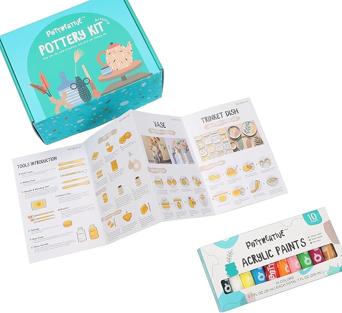 POTTREATIVE Air Dry Clay Pottery Kit - Home DIY Pottery Starter Kits with Air-Dry Clay,Sculpting Pottery Tools and Step-by-Step Guide - Great for Date Night, Arts Crafts Hobby