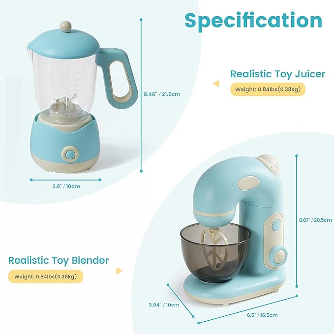 ROBOTIME Pretend Play Kitchen Appliances Toy Set, Toy Blender and Toy Mixer with Realistic Light and Sounds, Play Kitchen Accessories Set for Kids Ages 3+, Pretend Kitchen Toys for Boys and Girls