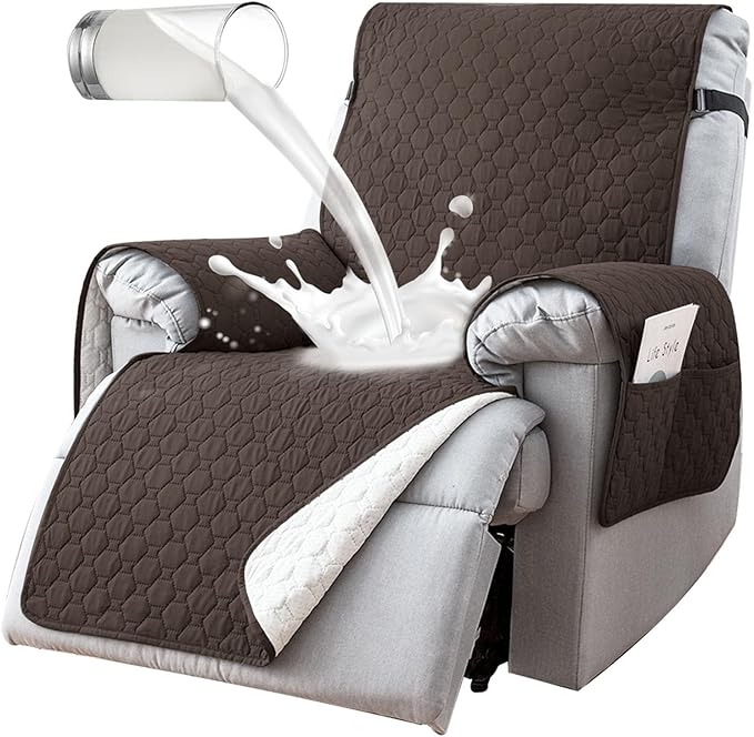 100% Waterproof Recliner Chair Covers, Anti-Slip Recliner Cover, Washable Recliner Slipcover with Pocket, Elastic Straps for Pets, Dogs, Brown