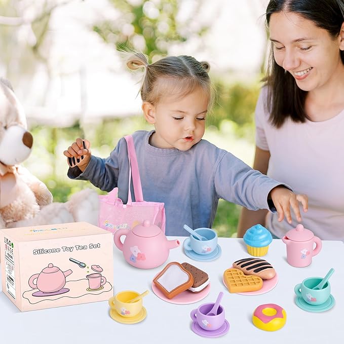 Silicone Tea Party Set for Little Girls,PRE-WORLD 25PCS Toys Toddler Tea Set with Play Food Dessert Cookies,Doughnut,Cake,Carrying Bag,Kids Kitchen Pretend Role Gifts for Girls Boys Age 3 4 5 6