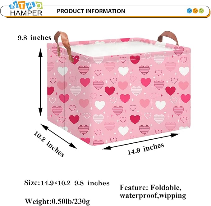 NTAOHAMPER Rectangular Storage Basket Empty,Collapsible Gift Basket with Handles,Heart Print Basket, Books Box,Room Decor(Love You Heart)