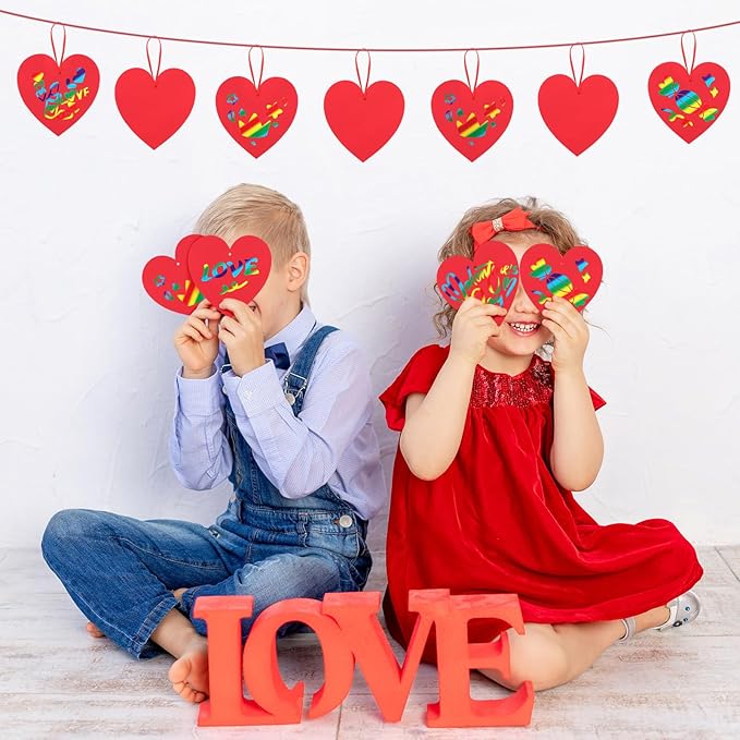 Liliful 60 Set Valentine's Day Craft for Kids Classroom Art Paper Scratch Off Valentine Cards Red Heart Shaped Magic Scratch Valentines Crafts for Kids Preschool