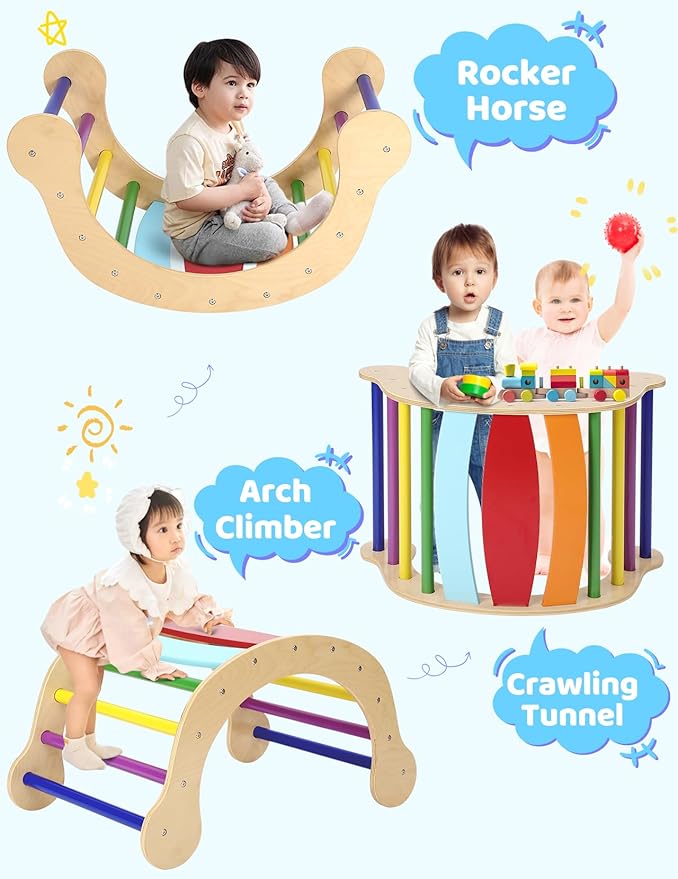 YOLEO Large Pikler Triangle Set, Wooden Toddler Climbing Toys Indoor with Safer Sturdy Base, Montessori Pikler Triangle Climbing Set for Kids' Indoor Climber & Playground & Jungle Gym (Rainbow)