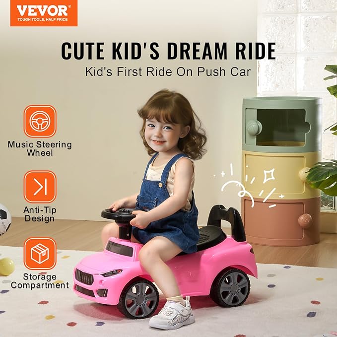 VEVOR Ride On Push Car for Toddlers, Ages 19+ Months, Ride Racer, Sit to Stand Toddler Ride On Toy, Kids Ride On Car with Music Steering, Horn & Under Seat Storage, Ride On Toy for Boys Girls, Pink