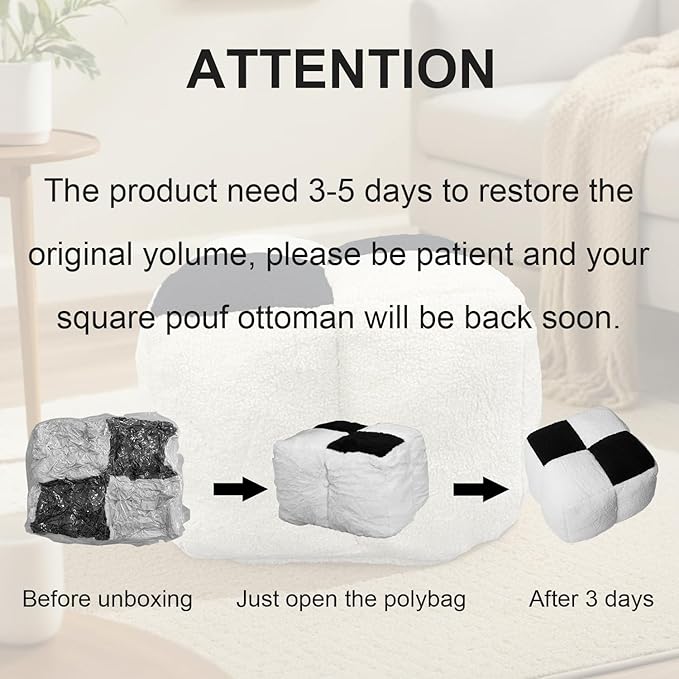 Louis Donné Ottoman Pouf White and Black Contrast Tidy Fabric Floor Chair - 17.7 * 17.7 * 15.7 Inch Squares, Soft Compressed Form Inside for Children and Ladies