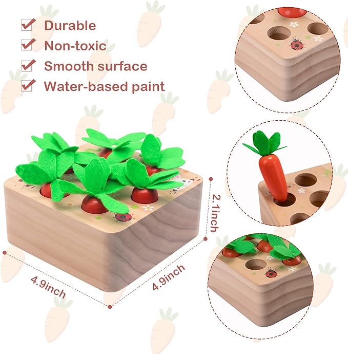 Montessori Toys for 1 Year Old, Carrots Harvest Wooden Baby Toys for 6-12 Months Educational Shape Sorting Matching Toys for Toddler Fine Motor Skill Development, Gift for Kids Birthday Easter Toys