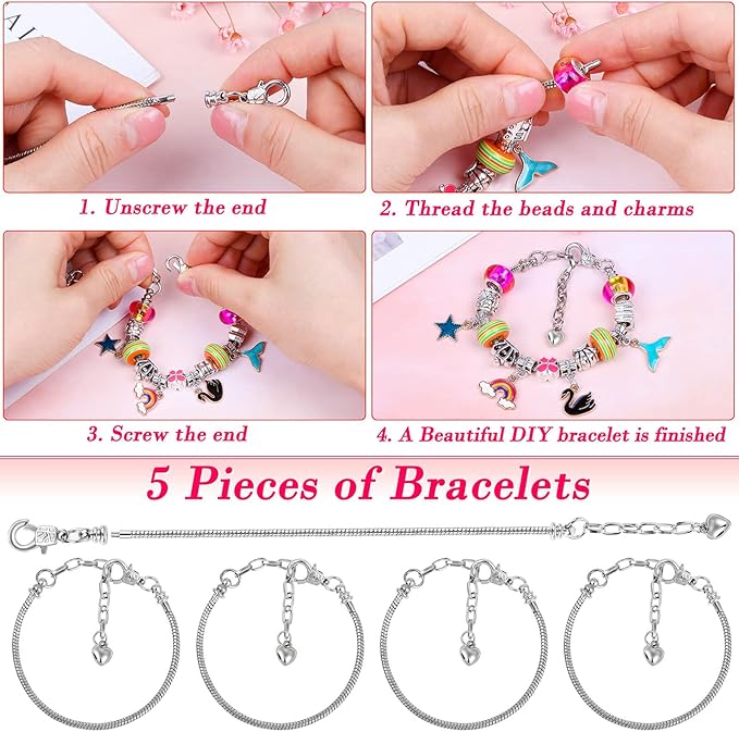 Thrilez DIY Bracelet Making Kit for Girls, 97Pcs Charm Bracelets Kit with Beads, Pendant Charms, Bracelets and Necklace String for Bracelets Craft & Necklace Making, Gift Idea for Kids and Girls