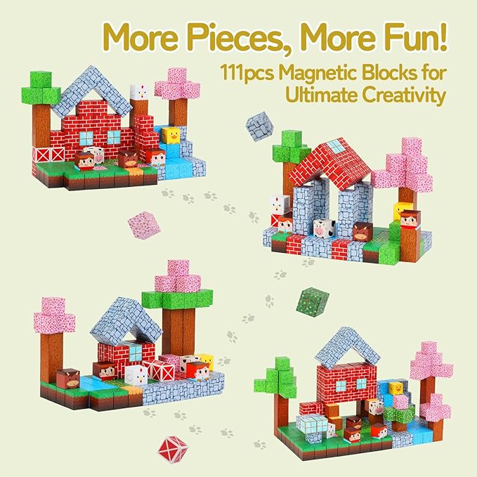 Magnetic Block Set - 111-Piece Magnetic Building Blocks - Ranch Mine Craft Magnetic Blocks Set, Magnetic Blocks for Kids Ages 4,5,6,7,8 STEM Montessori Sensory Building Game Toy Gift for Boys,Girls
