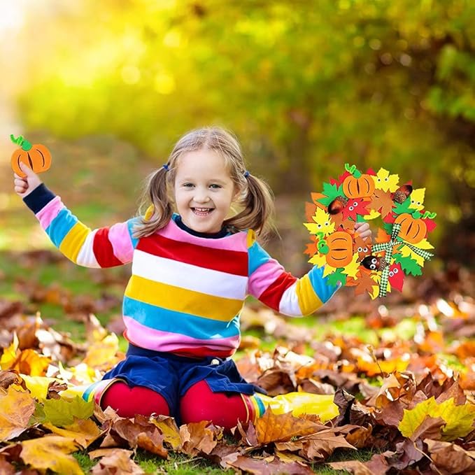 Supla 12 Kits 3D Pumpkin Fall Leaf Wreath Craft Kit DIY Thanksgiving Wreath with Maple Leaves Acorns Bows Wiggle Eyes for Kids Crafts Fall Thanksgiving Halloween Seasonal Decoration