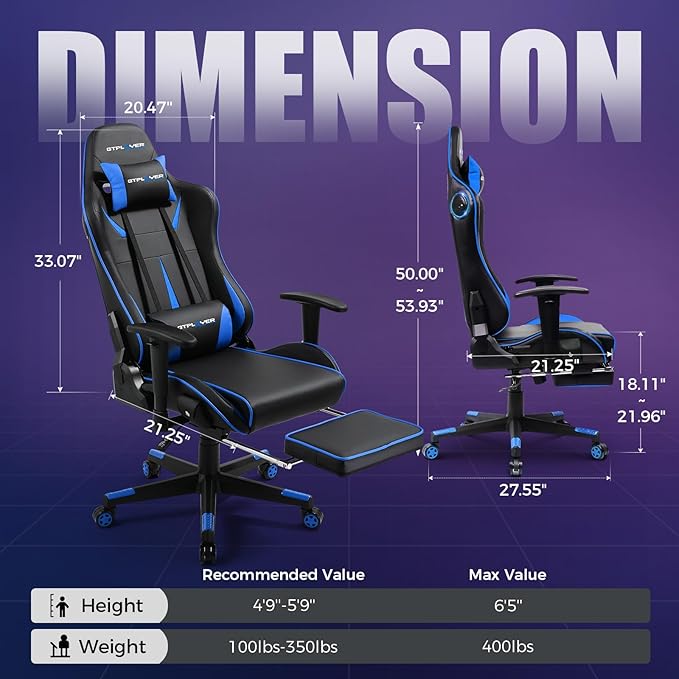 GTPLAYER Gaming Chair with Speakers, Music Gaming Recliner Chair for Adults and Kids, Height Adjustable Computer Game Reclining Chair with Footrest by GTRacing (Blue)