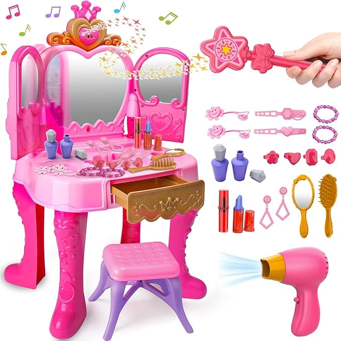 AugToy Toddler Vanity Magic Makeup Set Table and Chair Girl Toy Automatically Mirror with Music Light Pink Toys Girls Hair Salon Pretend Play Princess Dress Up Playset Gift Toddler