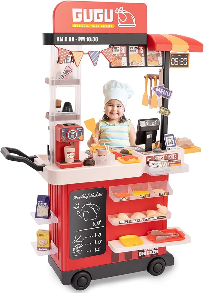 Kids Kitchen Play Set,Interactive Kids Kitchen Play Set with 82Pcs of Kitchen Toys,Realistic Sound Effects,and Simulated Functionality - Suitable for Toddlers (Red Kitchen Play Set)