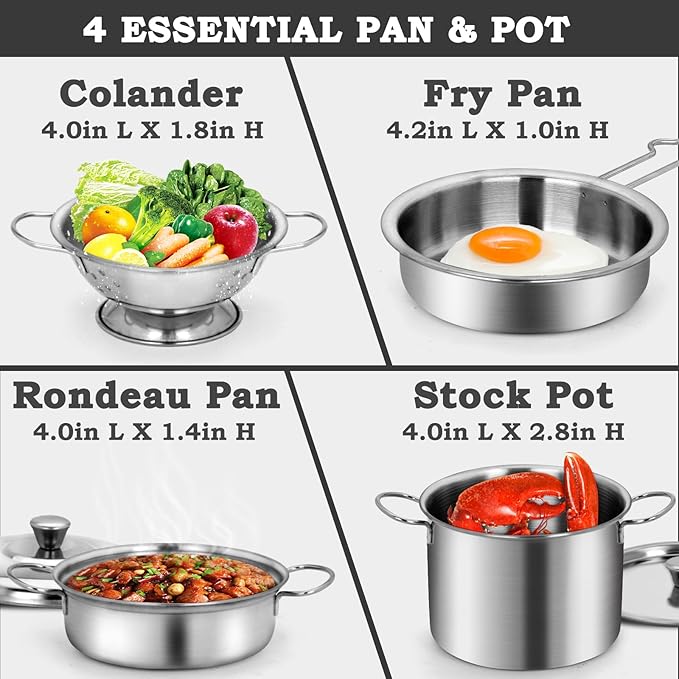 12Pcs Kids Pots and Pans Playset, Pretend Play Kitchen Set Toy Stainless Steel Pots and Pans Cooking Toys Accessories for Kids Toddler Age 3 Years Old