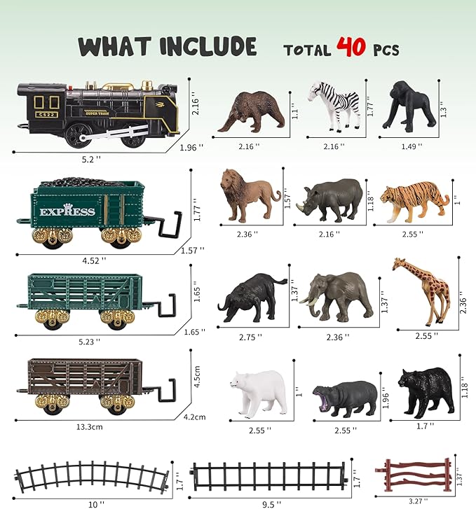 Safari Animals Figures Toy Train Set, Electric Locomotive with Light & Sound, Wildlife African Jungle Zoo Miniature Toys Cake Toppers Bulk Toddler Stocking Stuffers Gift for 3 4 5 Year Old Boys