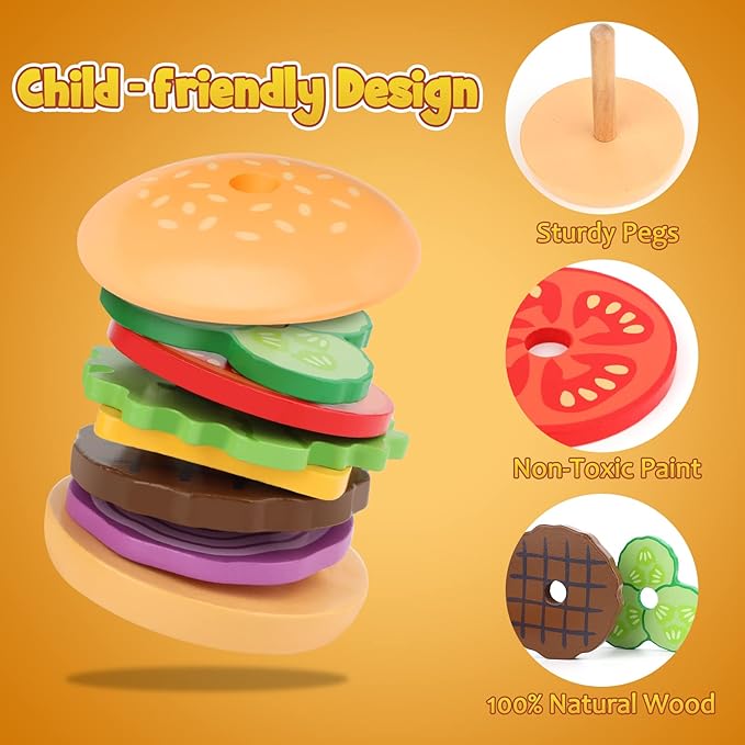 Aizweb Montessori Toys for 3 Year Old - Wooden Burger Stacking Toys for Toddlers and Kids Preschool, Educational Toys, Fine Motor Skill Toy, Blocks for Toddlers, Learning Toys