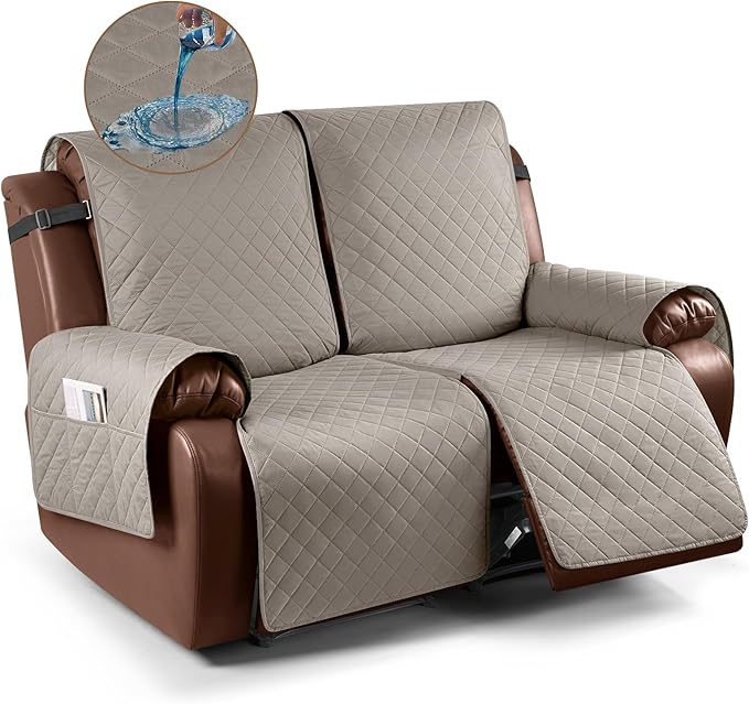 KinCam Waterproof Loveseat Recliner Cover, Non-Slip Reclining Couch Covers for 2 Seat, Recliner Sofa Cover Furniture Protector with Elastic Straps for Kids, Pets, Khaki