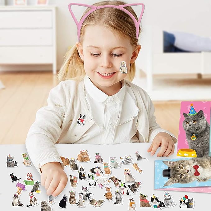139PCS Cat Party Favors - 12 Cat Stickers 12 Slap Bracelets 12 Cat Ears Headband 12 Cat Animal Mini Notepad 12 Cat Face Pen 12 Cat Keychain 12 Cat Favor Bag 42 cat stickers for Cat Party Supplies