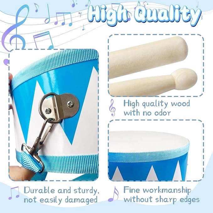 Kids Drum Set,8 Inch Wooden Drum Toys,Educational Baby Drum Toys with an Adjustable Strap and 2 Drumsticks,Sensory Musical Instrument Drum for Toddler,Kids,Boys & Girls
