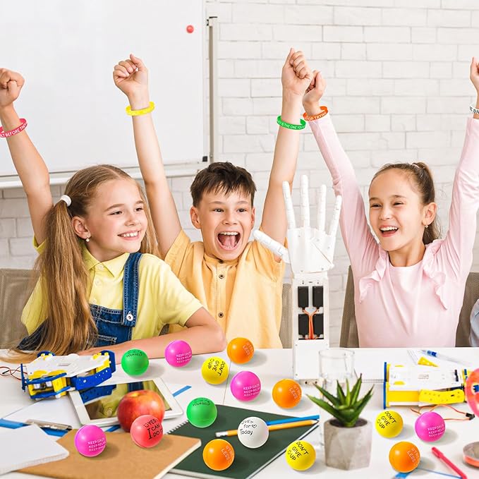 Shappy 144 Pcs Motivational Party Favor Includes 72 Stress Relief Motivational Stress Balls 1.97 Inch Mini Foam Balls 72 Inspirational Silicone Bracelets Quote Silicone Wristbands (Bright Color)