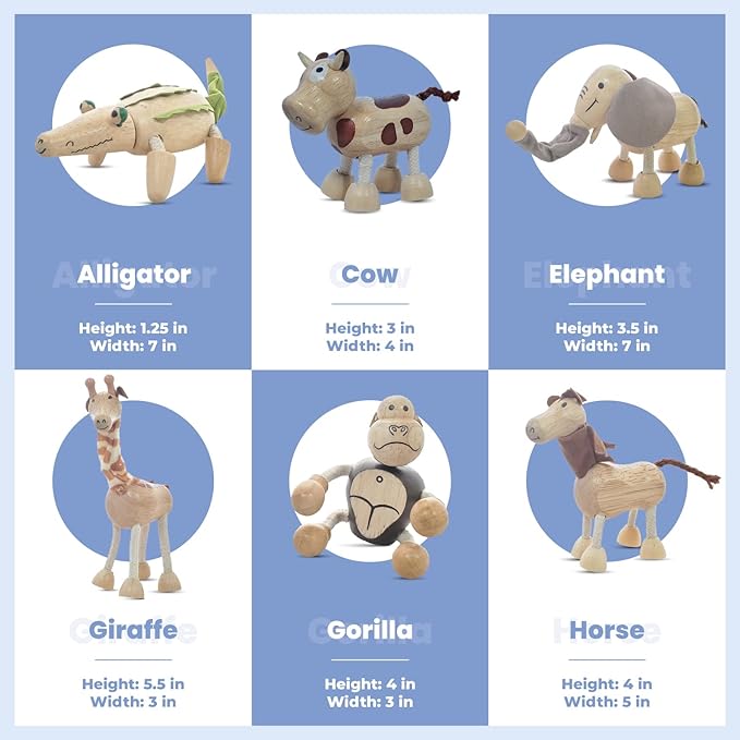 TEKOR Bendable Wooden Animal Toys (Set of 12) | Ages 3 & up | Fun & Posable Animals for Toddlers | Preschool Montessori Toys | Smooth Natural Wood | Endless Play for Girls & Boys