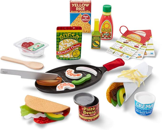 Melissa & Doug Fill & Fold Taco & Tortilla Set, 43 Pieces – Sliceable Wooden Mexican Play Food, Skillet, and More Taco Play Food Set, Pretend Kitchen Toy For Kids Ages 3+ - FSC-Certified