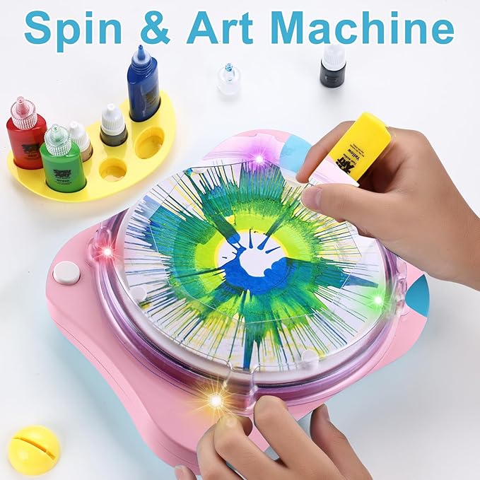 Paint Spin Art Machine Kit for Kids Stress Reducing Toys for Pink Arts and Crafts Set Gifts with Light & Music for Boys & Girls Ages 4 5 6 8 9 10 12 Flexible Splatter Guard,Easy to Wash