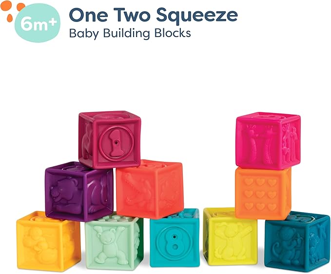 B. toys- B. baby – Baby Blocks – Stacking & Building Toys For Babies – 10 Soft Blocks With Numbers, Shapes, Animals – Educational & Developmental – 6 Months + – One Two Squeeze